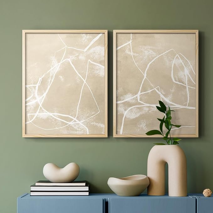 Renditions Gallery Set of 2 Peel & Stick Framed Prints, Neutral Abstract Wall Art, Beige Line Art Pattern Wall Decor, Re-Stickable - Ready to Hang - 11"x14" - NATURAL WOOD Frame LT588
