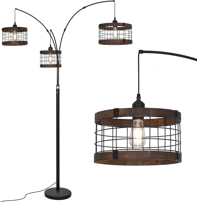 3-Lights Vintage Wood Floor Lamps for Living Room, Black Arc Floor Lamp for Bedroom, Industrial Standing Lamp for Office, Dimmable Tall Lamp, Arched Corner Floor Lamp, Over Couch Reading Lamp