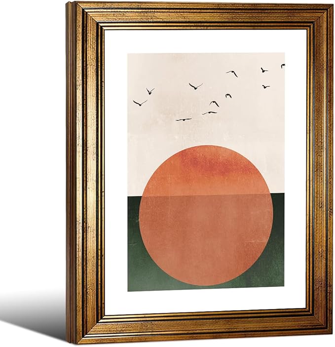 Gold Framed Japanese Minimalist Sunset With Bird Wall Art Nature Geometric Abstract Poster Modern Mid Century Eclectic Canvas Prints for Living Room Gallery Home Decor 12x16 inch