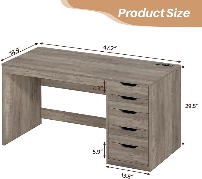 YOMILUVE 47 Inch Computer Desk with 5 Drawers and Power Outlets, Home Office Desks with Storage File Cabinet, Modern Simple Laptop Desk Writing Table for Small Spaces, Grey