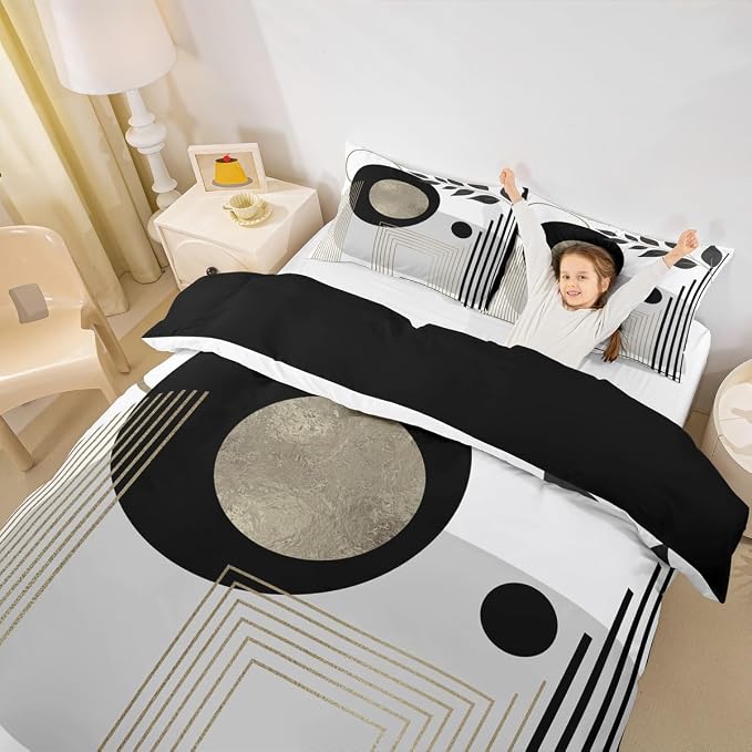 Erosebridal Black and White Abstract Boho Duvet Cover Full Size Minimalist Aesthetic Neutral Comforter Cover Mid Century Modern Bedding Set Botanical Leaves Geometric Bed Set
