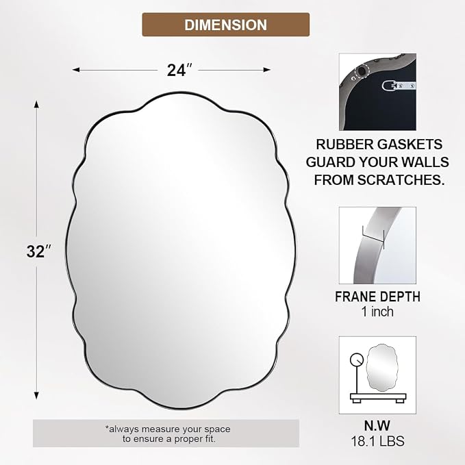 ANDY STAR Brushed Nickel Wavy Oval Bathroom Mirror, 24x32 Inch Silver Asymmetrical Wall Mirror, Unique Irregular Scalloped Mirror for Bathroom with Sophisticated Curved Design