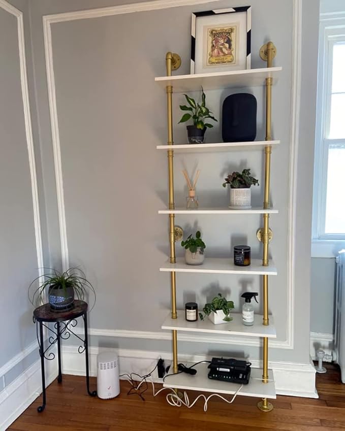 ZIOTHUM 6 Tier Gold Bookshelf, White and Gold Shelves, Modern Shelves Shelf Bookcase Metal Mid Century Open Industrial Wall Mount Accents Decor Retail Shelving Vertical for Living Room