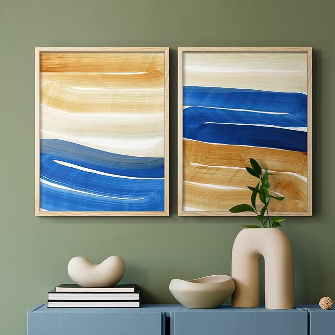 Renditions Gallery Set of 2 Peel & Stick Framed Prints, Abstract Wall Art, Blue and Gold Wave Textured Background Wall Decor, Re-Stickable - Ready to Hang - 22"x28" - NATURAL WOOD Frame LT588