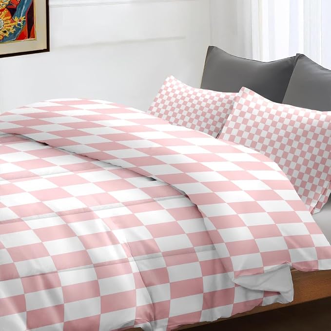 Comforter Set with 2 Pillowcases King Size, Light Pink Checkered Plaid Girly, Bed Decor Retro Cute Gingham Checkerboard Geometric for Kids and Adults, Soft Cozy Bedroom Bedding Set