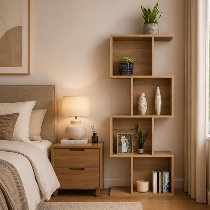 Bookcase, Bookshelf, Freestanding Display Storage Shelves Open Bookcase for Bedroom, Small Bookshelf for Living Room and Office (Natural, S-Shaped)