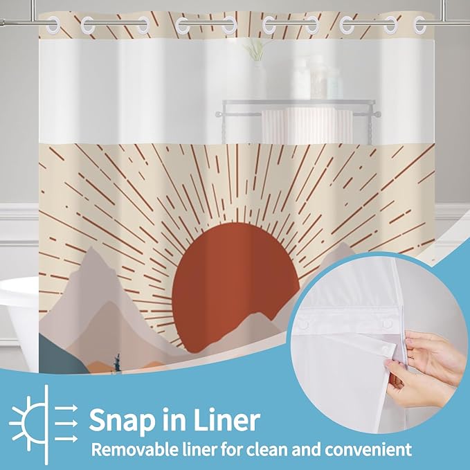 No Hook Boho Shower Curtain with Snap in Liner Set Mid Century Shower Curtains for Bathroom Decor Abstract Modern Sun Minimalist Aesthetic Waterproof Polyester Fabric 71x74 Inch