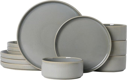 MONITO Ceramic Dinnerware Sets for 4, 12PCS Stoneware Plates and Bowls Sets, Reactive Glaze Dish Set, Chip and Scratch Resistant Double, Microwave and Dishwasher Safe, Sage Mist