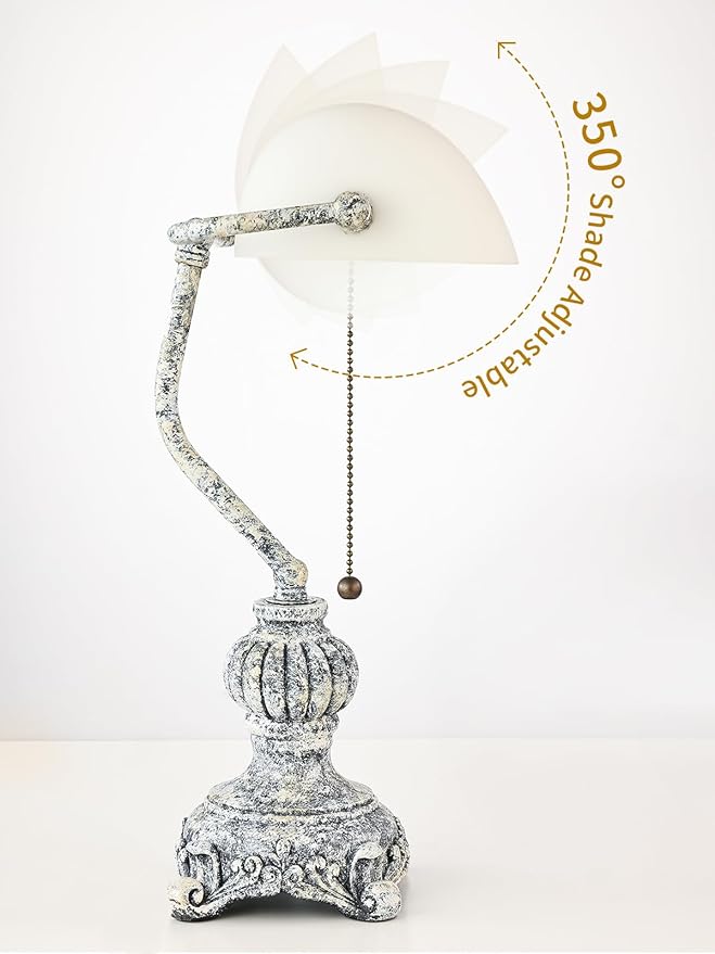 Retro White Matted Glass Bankers Desk Lamp for Home Office,Library with Pull Chain Switch Plug in Fixture, LED Bulb Included