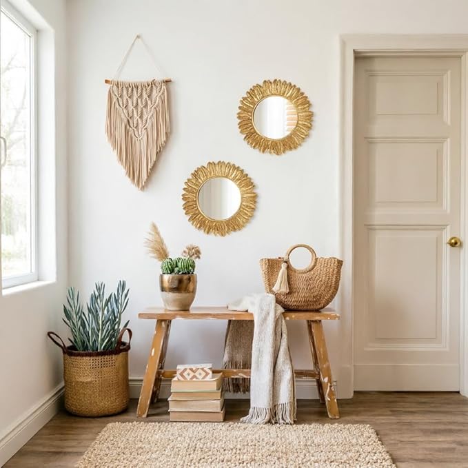 ZOROSY Gold Round Wall Mirror 12 inch - Small Wall Decorative Mirror, Boho Wall Decor Mirror for Dressing Table, Living Room, Entryway, Bedroom,Hallway,House Warming Gifts