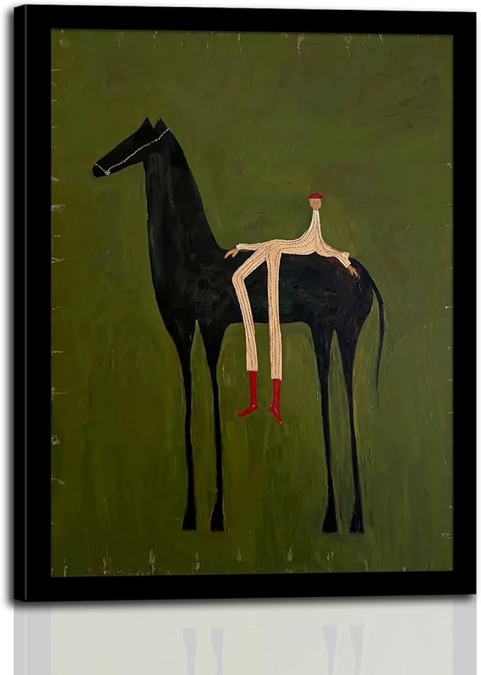 Abstract Horse Wall Art with Wooden Frame, Vintage Surreal Horse and Figure Painting, Olive Green Textured Minimalist Artwork, Retro Modern Framed Wall Decor Print 8x10 Inch