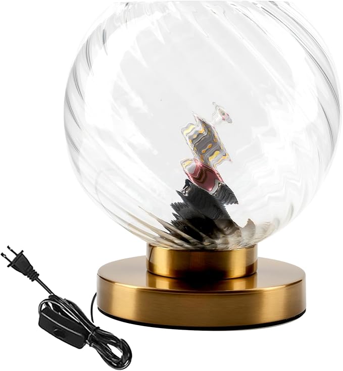 Mid Century Table Lamp Gold Metal Bedside Desk Lamp with Clear Ribbed Glass Shade, Plug-in Glass Globe Table Lamps for Office Studyroom