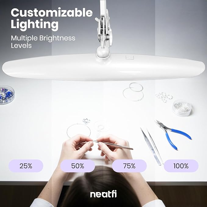 Neatfi XL Nail Desk Lamp with Clamp, 2200 Lumens, 20-Inch Wide Head, Dimmable 4 Levels, 6500K, LED Task Light for Manicure Table, Crafts, Workbench, Office (Non-CCT, White)