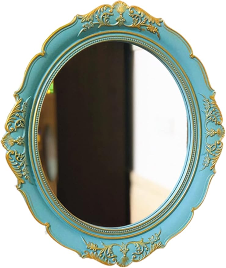 Mirror Tray, Oval Vintage Decorative Wall Mirror, Jewelry Dresser Organizer Cosmetics Storage Tray, Hanging Mirror(15”x 13.4”) (Blue - Oval)