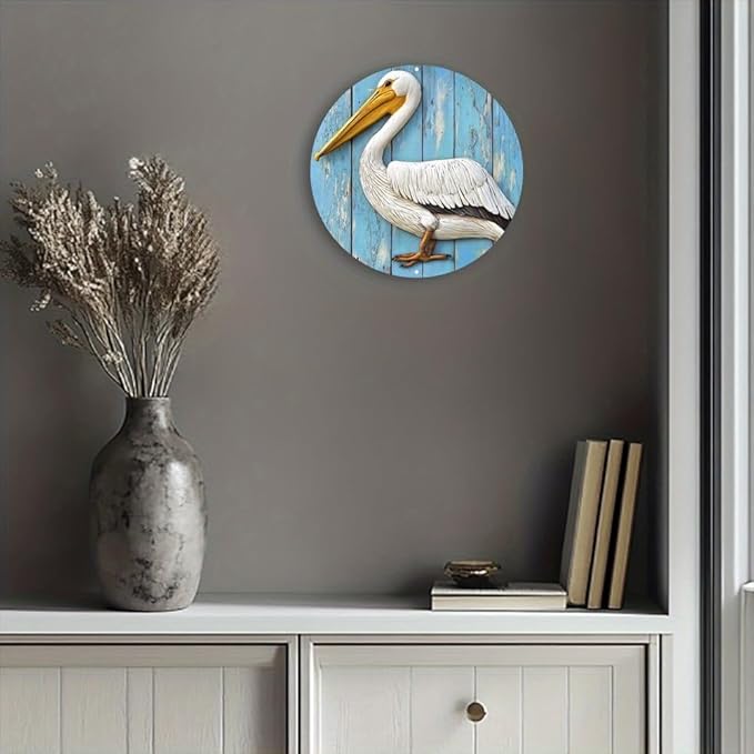Aluminum Pelican Wall Decor Sign 8"x8" Waterproof Classic Style Faux Wood Carved Round Metal Art for Indoor OutdoorPatio DecorationIdeal for Spring Garland Accents.