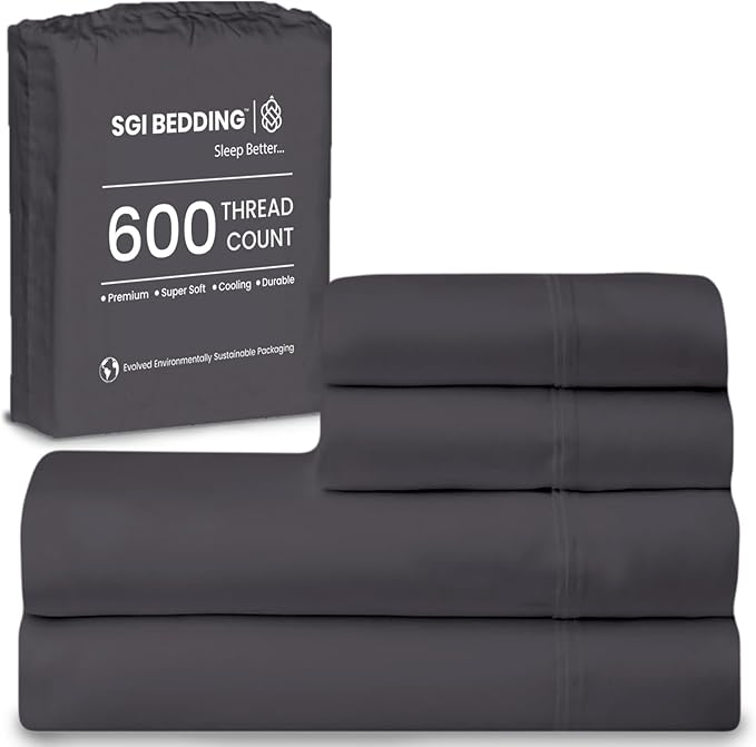 SGI bedding 100% Egyptian Cotton Sheets RV King Size – 600 Thread Count Sheets Set, Soft, Cooling, 15" Deep Pocket, Luxury Hotel Bedding, Breathable, Durable - Dark Gray