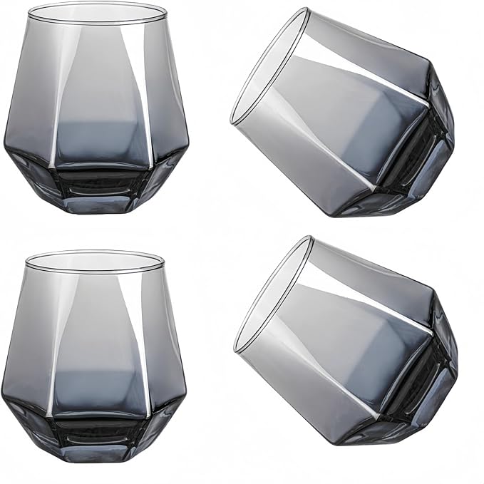 Wine Glasses Set Of 4,Stemless Diamond Wine Glass Shape 10 Oz Gray Christmas Glassware Dishwasher Safe, Spill-Proof Design For Red Wine, Cocktail, Whiskey, Bourbon for Wine Lovers (Gray)