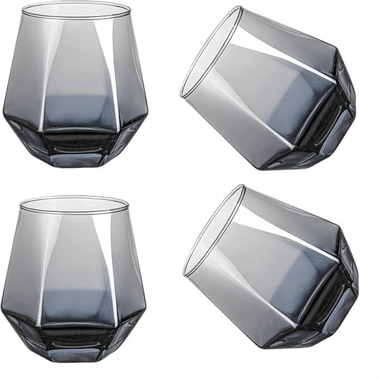 Wine Glasses Set Of 4,Stemless Diamond Wine Glass Shape 10 Oz Gray Christmas Glassware Dishwasher Safe, Spill-Proof Design For Red Wine, Cocktail, Whiskey, Bourbon for Wine Lovers (Gray)