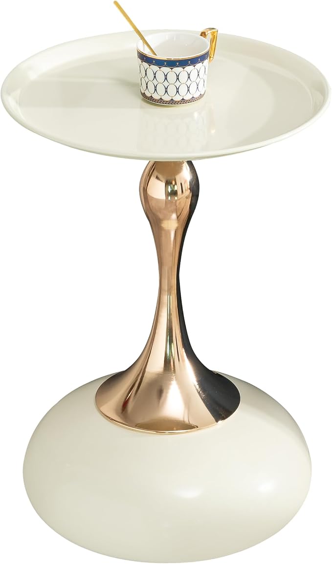 Small Round Side Table, 15" White End Table for Small Space, Modern Bistro Cocktail Table with Metal Pedestal Base, Mini Coffee Table for Living Room, Bedroom, Kitchen, Cafe, Apartment