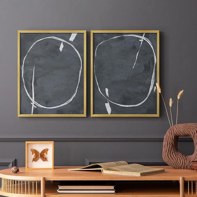 Renditions Gallery Set of 2 Peel & Stick Framed Prints, Abstract Wall Art, Circular Momentum Design Wall Decor, Re-Stickable - Ready to Hang - 22"x28" - GOLD Frame LT588