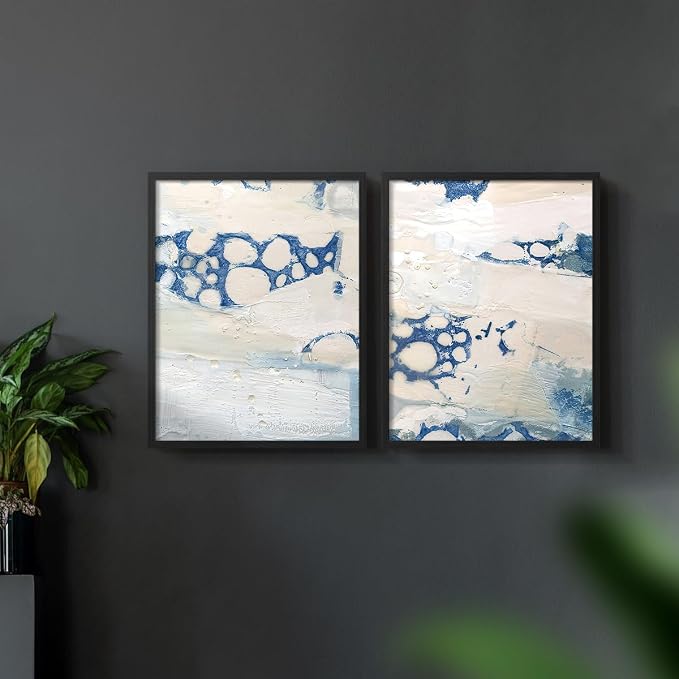 Renditions Gallery Set of 2 Peel & Stick Framed Prints, Textured Abstract Wall Art, Beach Themed Bubble Design Wall Decor, Re-Stickable - Ready to Hang - 22"x28" - Black Frame LT588