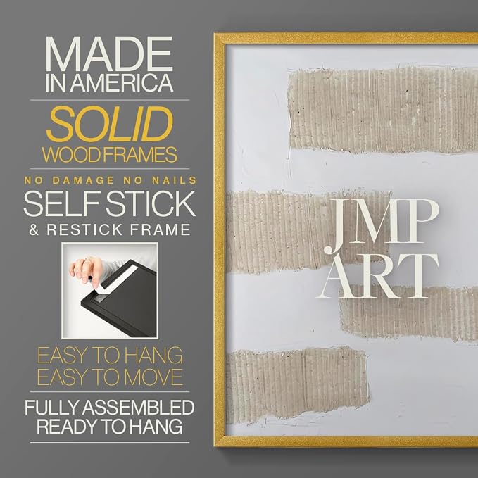 Renditions Gallery Set of 2 Peel & Stick Framed Prints, Modern Abstract Wall Art, Textured Brush Strokes Wall Decor, Re-Stickable - Ready to Hang - 22"x28" - GOLD Frame LT588