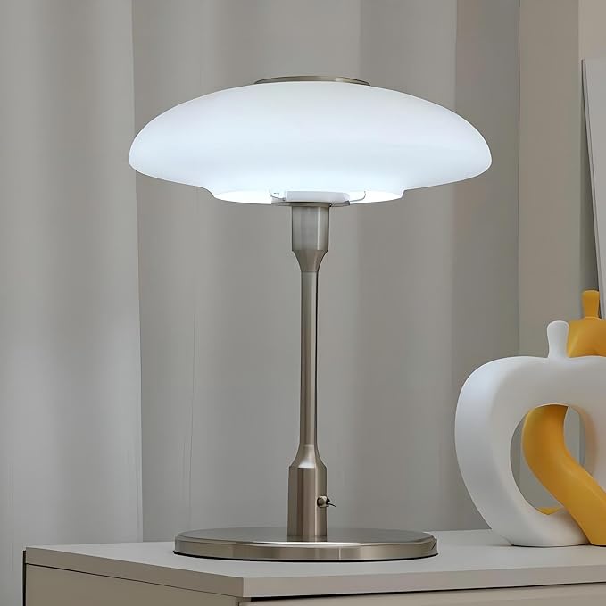 Table Lamp, Metal and Glass Modern Bedside Lamp, Decorative Table Light, Table Lamp for Living Room Bedroom Study Room, 12.6 * 16.5 Inch, Chrome & White