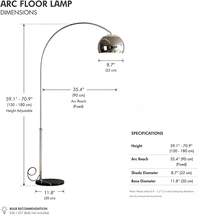 Murmurglow-71”Modern Arc Floor Lamp, Mid Century Adjustable Height Chrome Floor Lamp with Metal Shade,Book Reading Standing Light with Round Marble Base for Living Room, Bedroom,Office