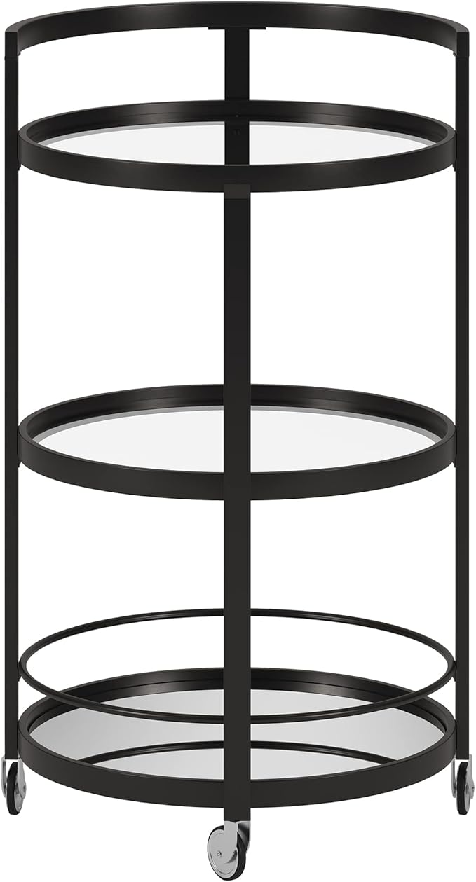 Henn&Hart 21" Modern Round 3-Tier Portable Bar Cart Home Bar Serving Cart for Home with Glass Shelves, Handle, and Caster Wheels for Dining Room, Living Room, or Kitchen, Black