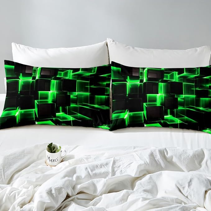 Erosebridal Honeycomb Bedding Sets King Size, 3D Modern Abstract Square Grid Duvet Cover for Kids Girls Boys Green Neon Light Geometric Print Bed Set Bedroom Decor, 3 Pieces