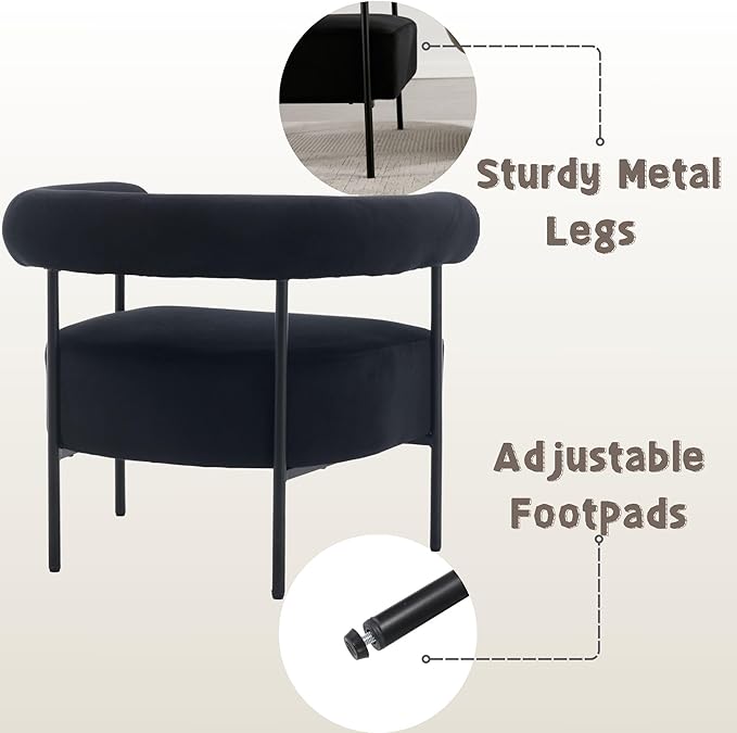 Modern Accent Chair with Curved Back, Small Living Room Vanity Chair, Black Comfy Velvet Barrel Armchair with Metal Legs & Upholstered for Bedroom, Makeup Room
