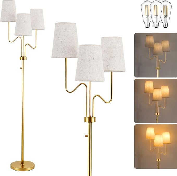 9MMML Farmhouse Gold Dimmable Floor Lamp, Rustic 3-Light Floor Lamp with Fabric Shade, 68'' Tall Floor Standing Lamp for Living Room, Bedroom, 3 x E26 LED Bulb Included