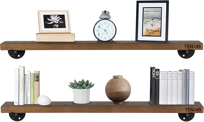 TEN49 Real Wood Rustic Floating Shelves Wall - 36 Wide Small Wooden Industrial Pipe Shelving - Farmhouse Pipe Wall Shelves Furniture Bathroom Decor Art Shelf Kitchen - Dark Espresso Color - Set of 2
