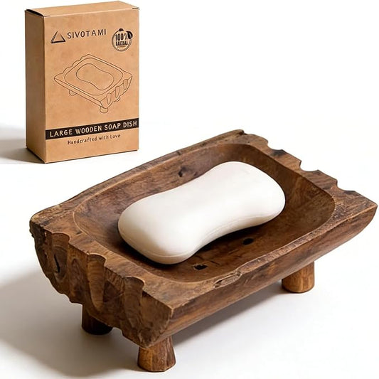 Large Rustic Teak Wood Soap Holder, Farmhouse Wooden Soap Dish,Decorative Bathroom Shower Soap Holder, Handmade Kitchen Countertop Soap Stand with Draining Holes