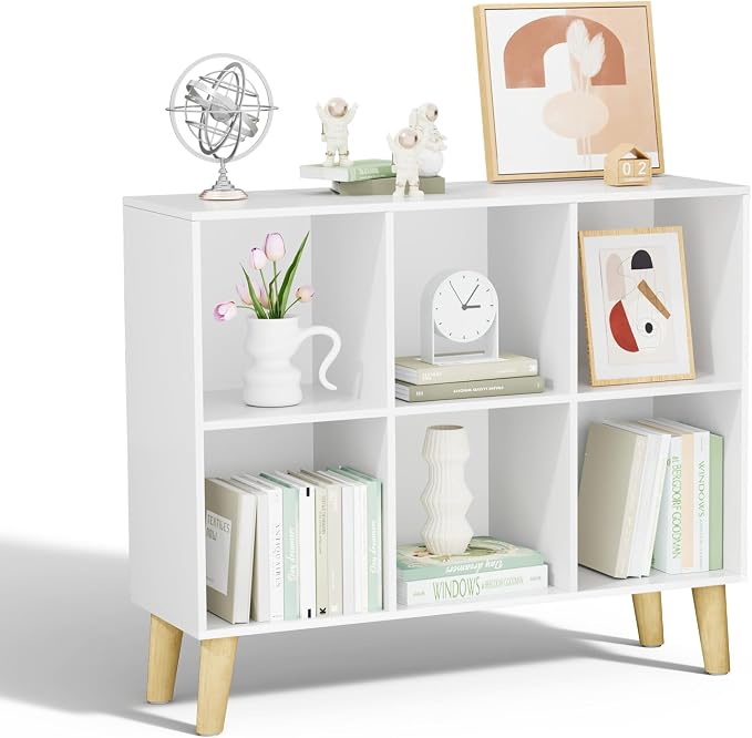 6 Cube Storage Organizer with Legs, 2 Tier Cube Low Bookcase Freestanding Storage Display Organizer for Home Office, Six-Cubes Open Shelf Bookshelf (White, 6 Cube Horizontal)