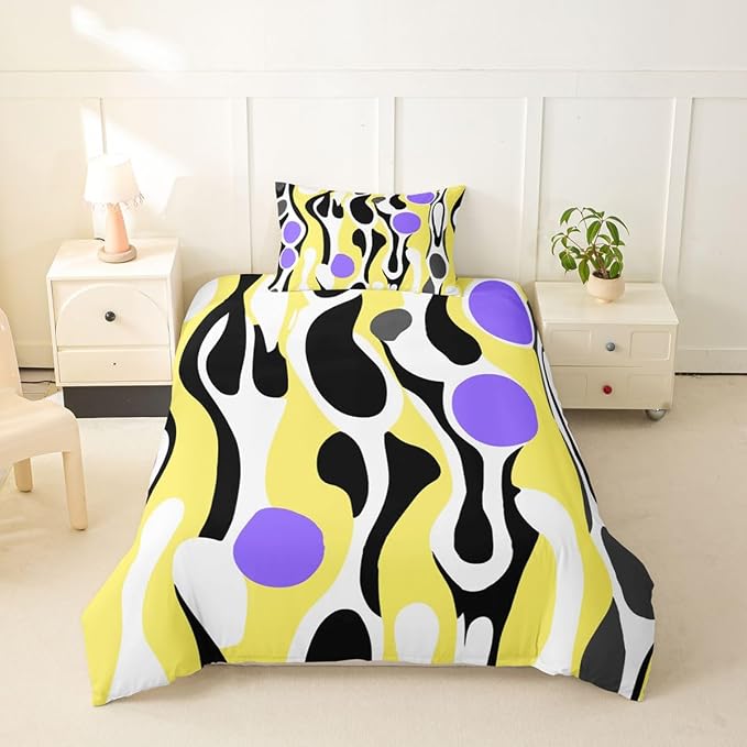 Erosebridal Organic Abstract Duvet Cover Set Modern Contemporary Girl Toddler Bedding Set for Tween Boys Girls Boho Mid Century Wavy Lines Comforter Cover Retro Geometric Bed Sets,Yellow Purple