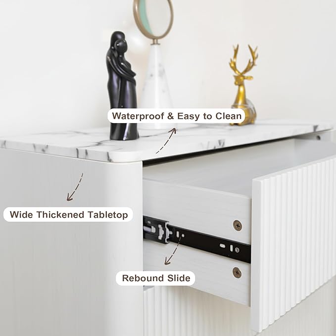 Fluted 5 Drawers Dresser for Bedroom, 47" Tall Handleless Chest of Drawers with Faux Marble Top, Curved Profile Design, Wood Drawer Organizerfor forLiving Room, Hallway, Entryway, White
