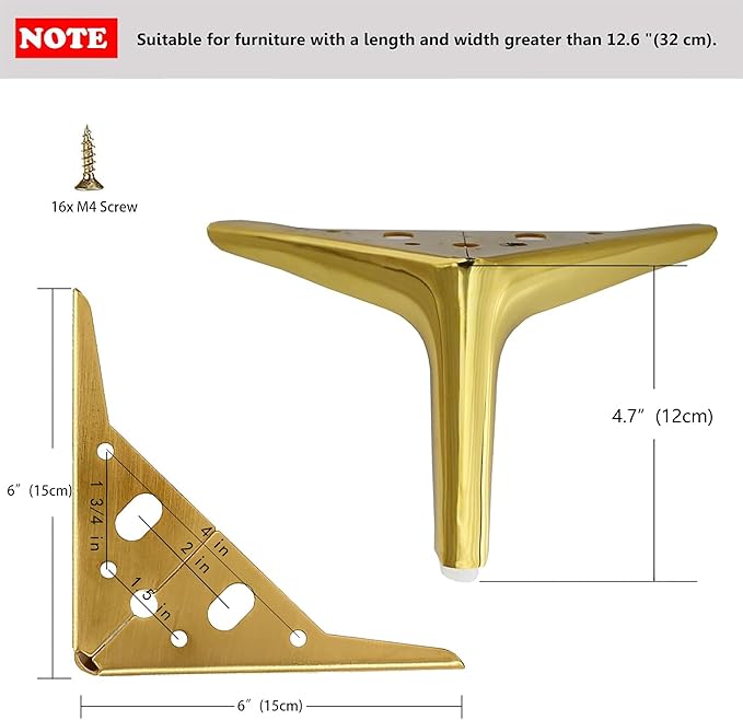 4.7 inch/12cm Shiny Gold Metal Furniture Legs Set of 4, DIY Replacement for Short Cabinet Legs, Sofa Legs, Small Dresser Legs