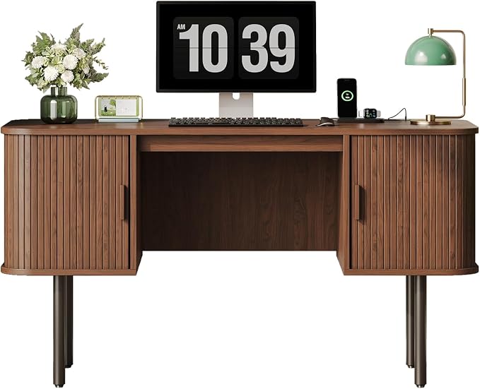 63 Inch Fluted Computer Desk with Power Outlets,Mid Century Wood Office Desk with Storge Cabinets & Sliding Door,Large Executive Desk for Office, Study, Living Room, Bedroom, Walnut