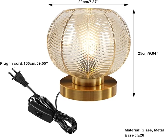 Modern Table lamp Gold Desk lamp with Amber Ribbed Glass Shade nightstand Lamps Small Table lamp Bedside Table lamp for Bedroom Living Room Office