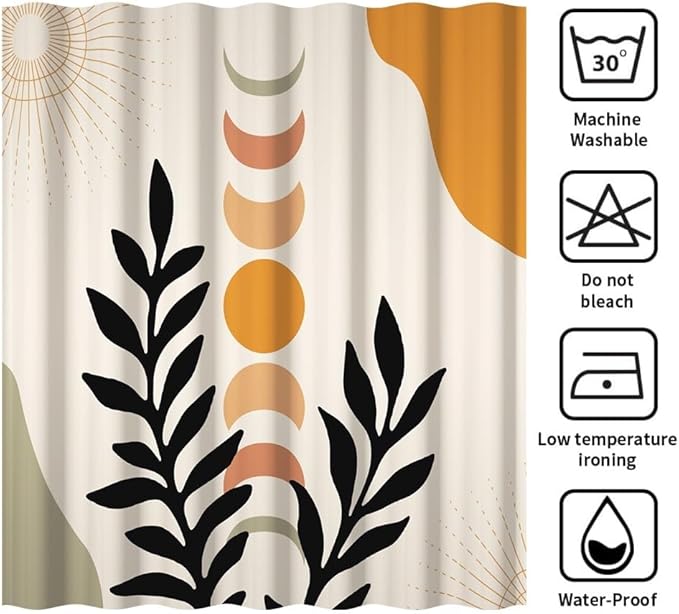Mid Century Boho Shower Curtain for Bathroom Black Leaves Orange Sun Moons Bathtub Curtains Modern Bohemian Abstract Bathroom Decor Set Washable Waterproof Polyester Fabric with Hooks 70x72 Inch