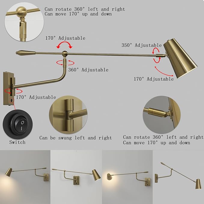 Rotatable Activity Adjustable Direction Swing Arm Wall Lamp, Dual Power Modes Plug-in/Hardwired, Indoor Large Gold Wall Mounted Lights for Bedroom Living Room Dining Room, E26 Bulb