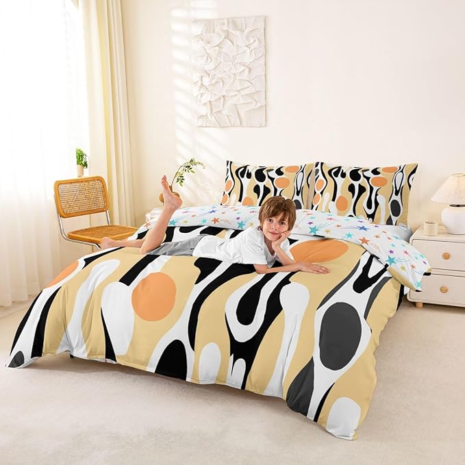 Erosebridal Organic Abstract Duvet Cover Set Modern Contemporary King Bedding Set for Adult Men Boho Mid Century Wavy Lines Comforter Cover Retro Geometric Bed Sets,Light Beige Peach