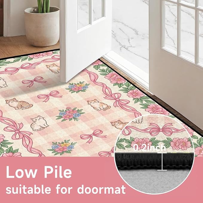 4'x6' Cat Floral Area Rug Pink Bow Flower Carpet Washable Rug Cute Cartoon Boho Floor Mat for Bedroom Living Room Nursery Playroom Classroom Home Decor