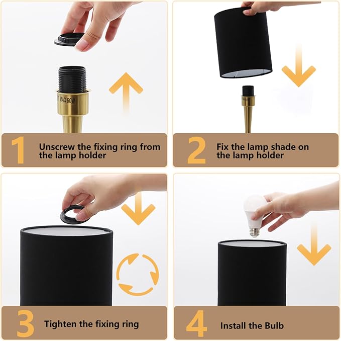 KUNJOULAM Modern Table Lamp, 17.3" Small Desk Light with Brass Metal Droplet Base, Black Cylinder Linen Drum Shade, Nightstand Lamp for Bedroom Living Room Nightstand Office