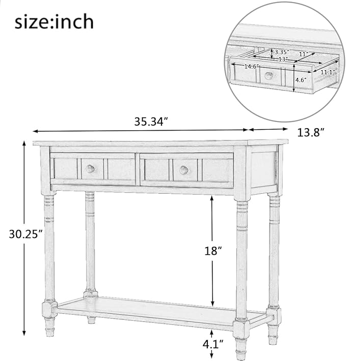 35.43” Entry Console Table with Drawers & Bottom Open Shelf, Solid Wood Sofa Couch Table for Entryway Living Room, Save Space, Retro Grey