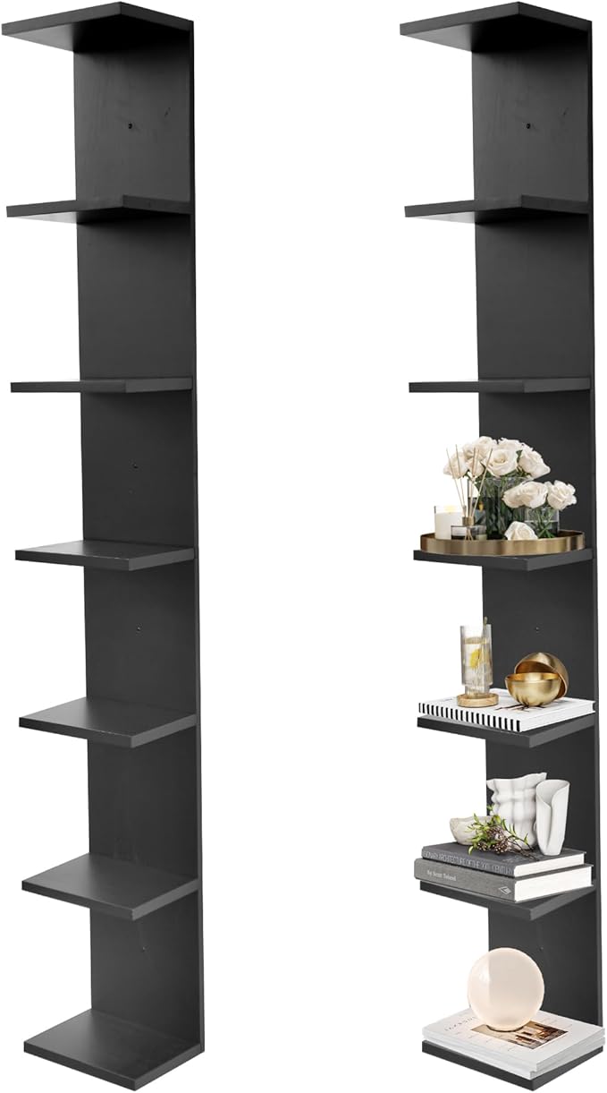 7 Tier Wall Shelf Unit,Vertical Column Floating Storage Home Decor Organizer,Black Lack Wall Shelf for Bedroom,Living Room,Office Decor(2 Pack)