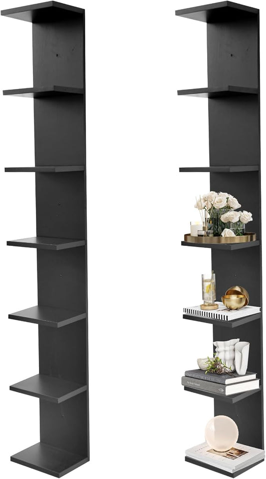 7 Tier Wall Shelf Unit,Vertical Column Floating Storage Home Decor Organizer,Black Lack Wall Shelf for Bedroom,Living Room,Office Decor(2 Pack)