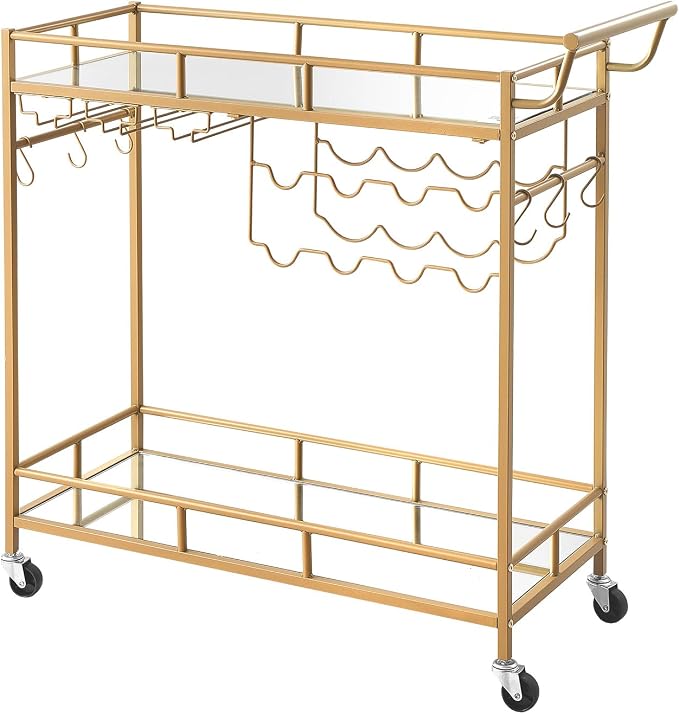 VEVOR Bar Cart, 2 Tiers Home Kitchen Serving Carts, Modern Rolling Utility Station on Wheels, Drink Beverage Trolley with Mirrored Glass Shelves, Wine Rack, Glass Holder, for Living Dining Room, Gold