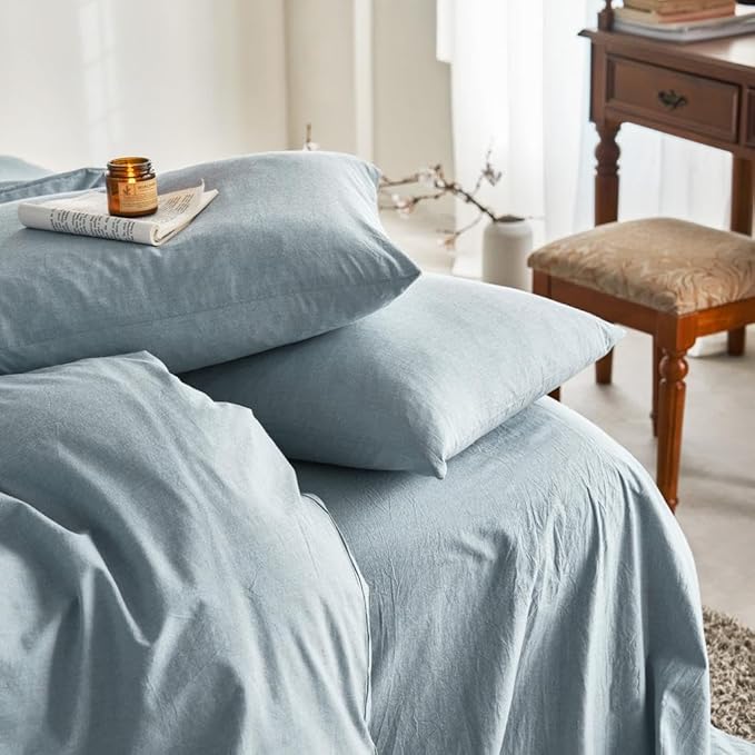 Wake In Cloud - Cotton Duvet Cover Set, 100% Washed Cotton, Linen Like Textured, Breathable Durable Comfy Farmhouse Neutral Bedding Set, 3 Pieces, Light Denim Blue, Full Size